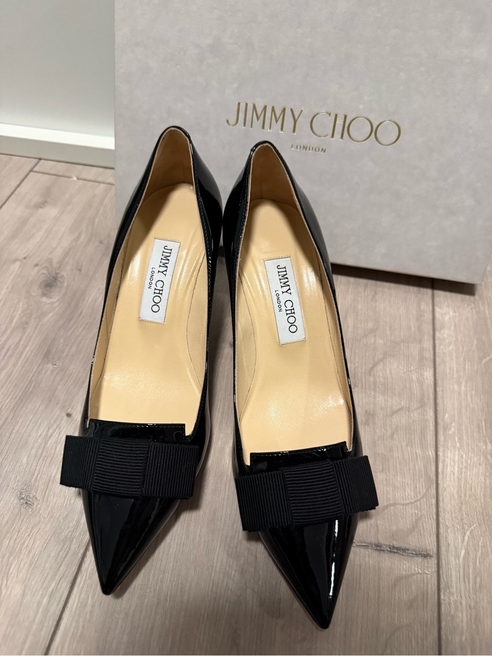 Jimmy Choo Black Patent Pointed Bow Pumps